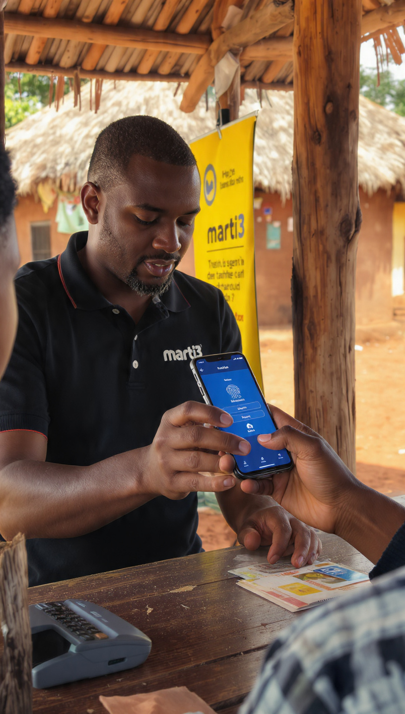 An agent handing a phone with the Marti3 app open back to a customer at a market table