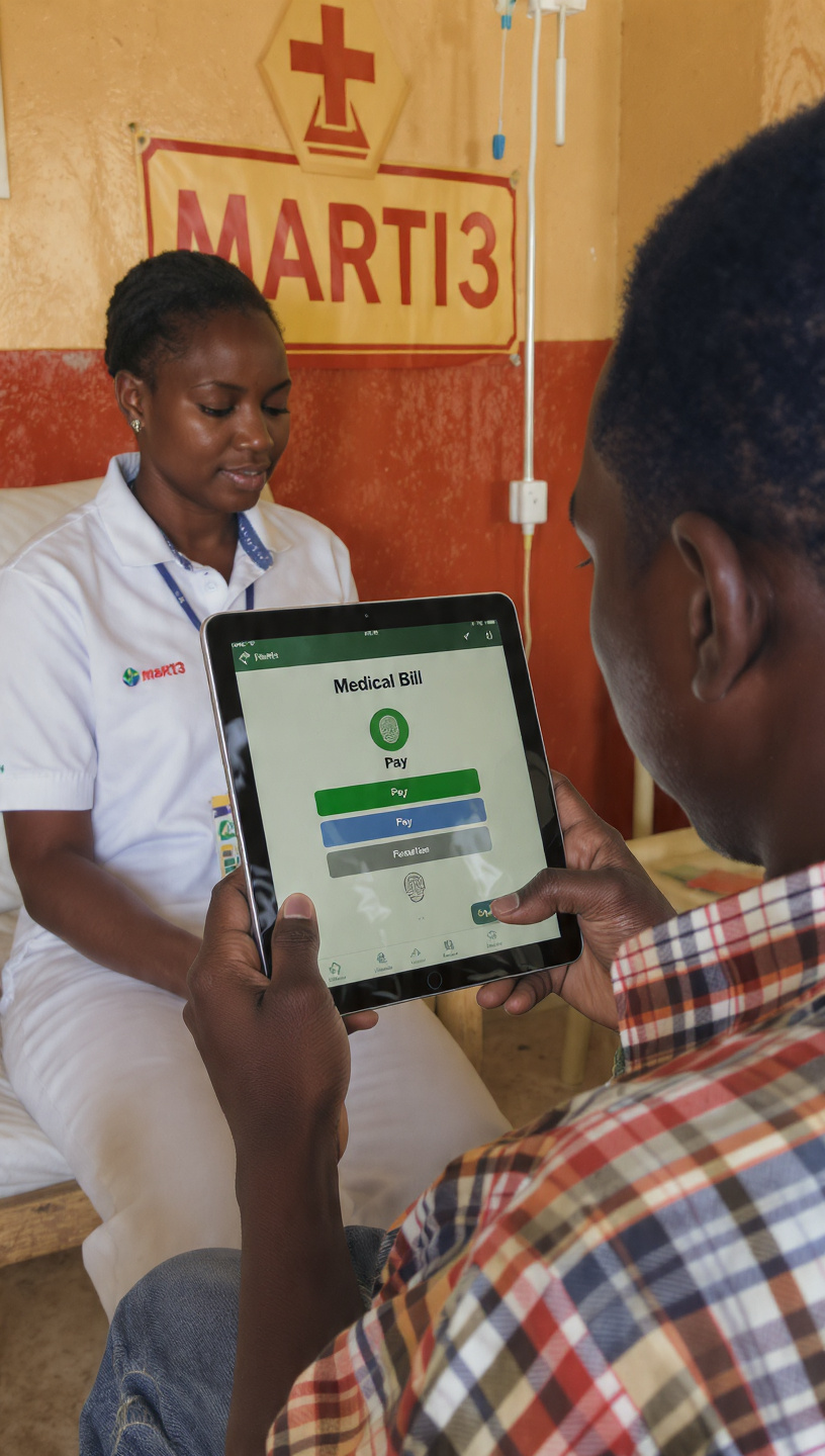 A patient approving a group payment on a tablet with a Marti3 nurse
