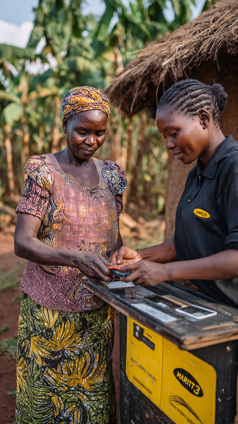 A Marti3 agent helping a customer complete a cash transaction at a village kiosk