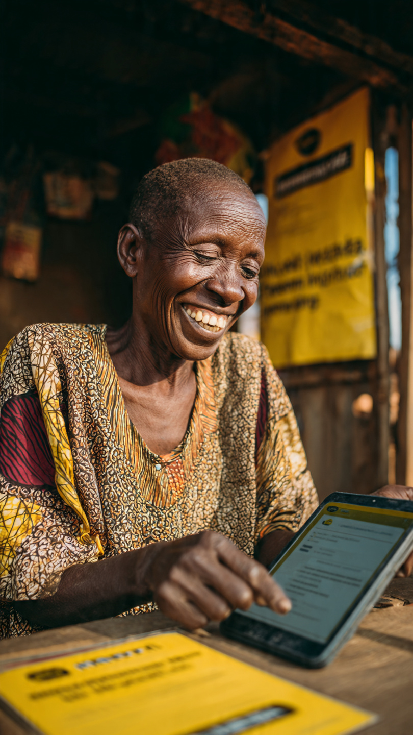 A woman smiling while using the Marti3 app on a tablet at her market stall