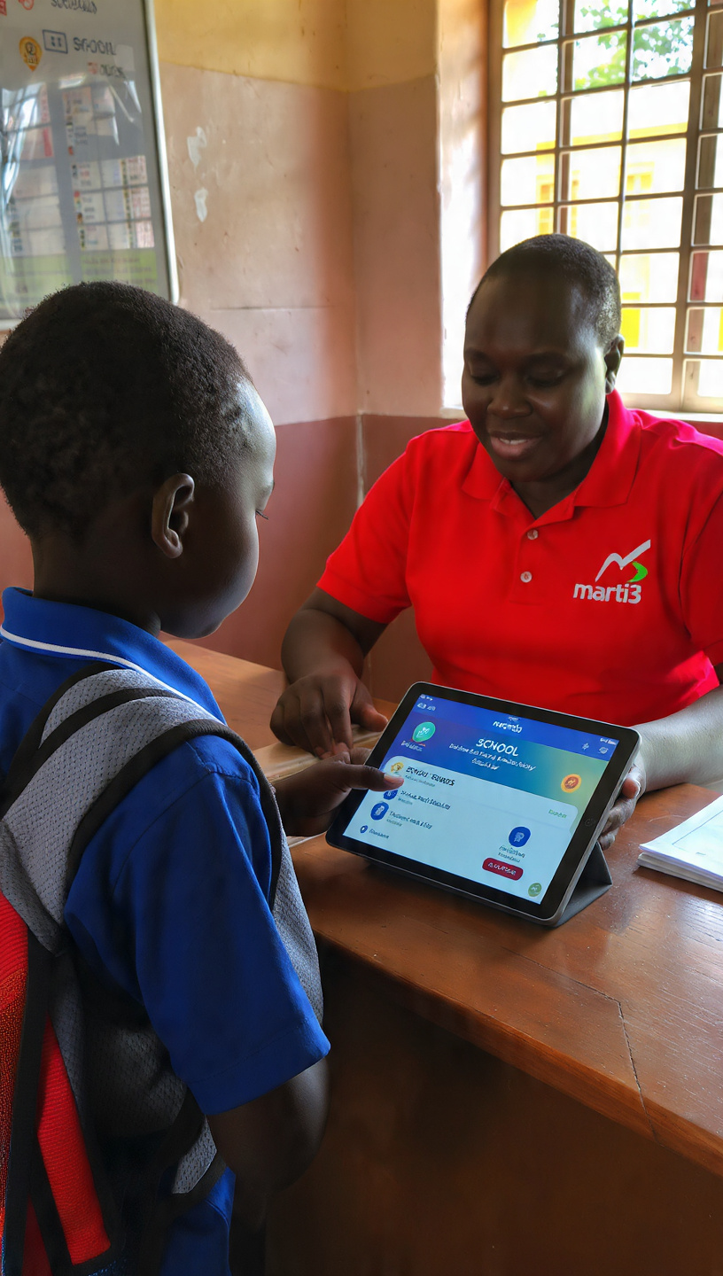 An agent showing a schoolchild their savings goals inside the Marti3 app